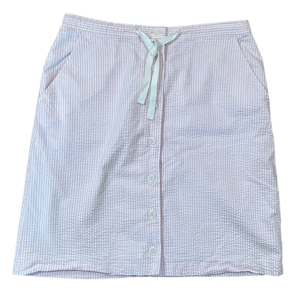 Orvis Seersucker Skirt Pink White Stripe Button Front Women's Sz 8 Cotton EUC - Picture 1 of 10